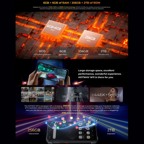  Téléphone robuste HOTWAV W11, 6 Go + 256 Go, vision nocturne, 20 800 mAh, 6,6 pouces Android 13 MT8788 Octa Core, réseau : 4G, OTG (noir cosmique) SH601B981-026